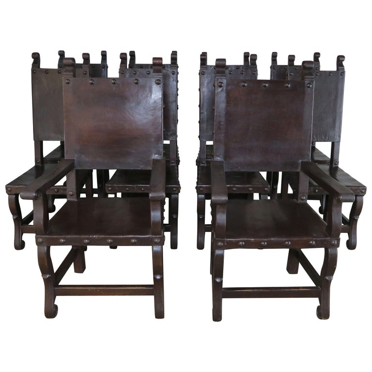 Set Of Ten Spanish Walnut Leather Dining Chairs Circa 1940s For