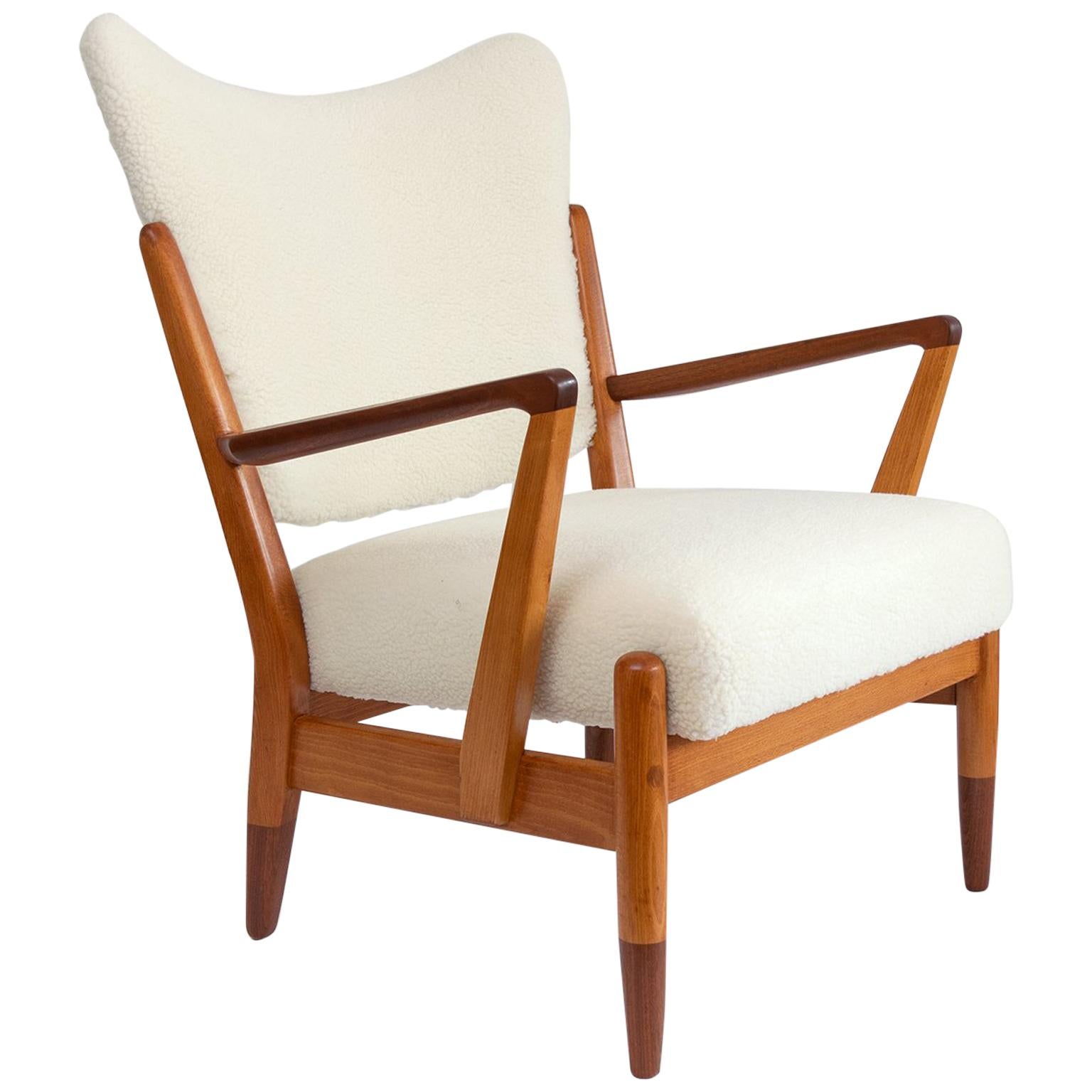 Scandinavian, Modern Lounge Chair Elmwood and Teak Frame with Faux Sheepskin