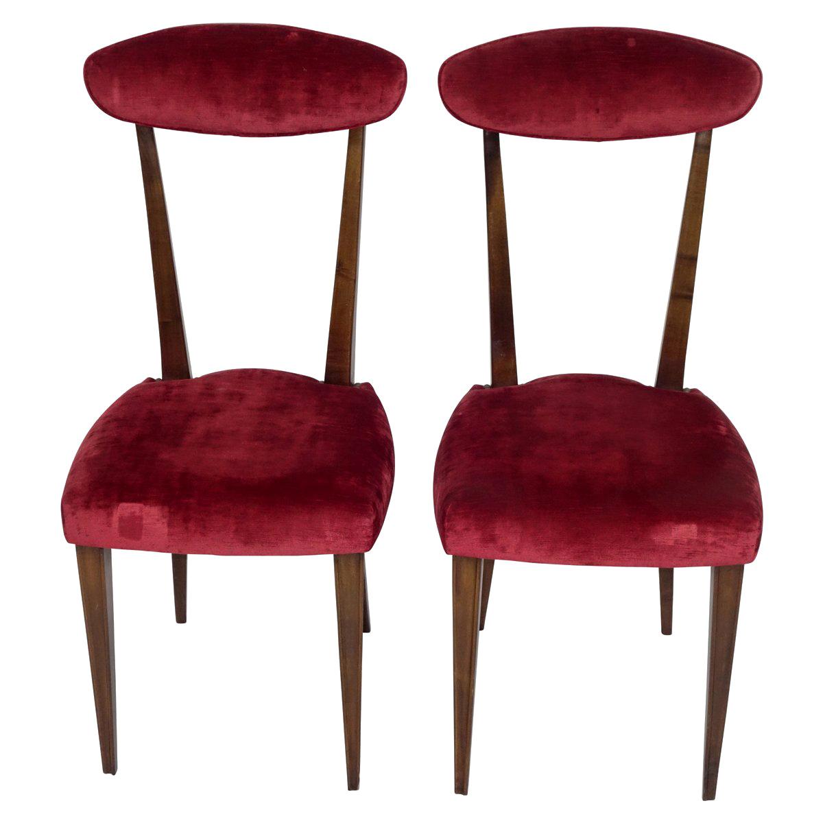 2 Wood Side Chairs Burgundy with Velvet Back and Seat in the Manner of Gio Ponti