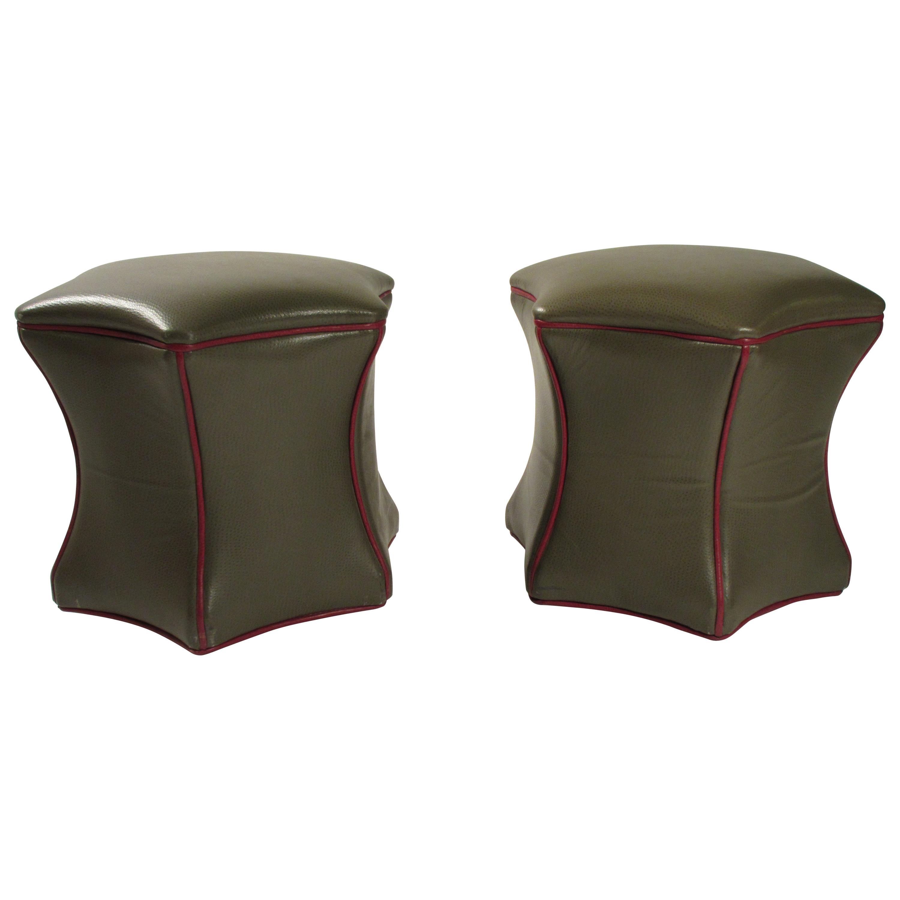 Pair of Green Leather Ottomans on Wheels