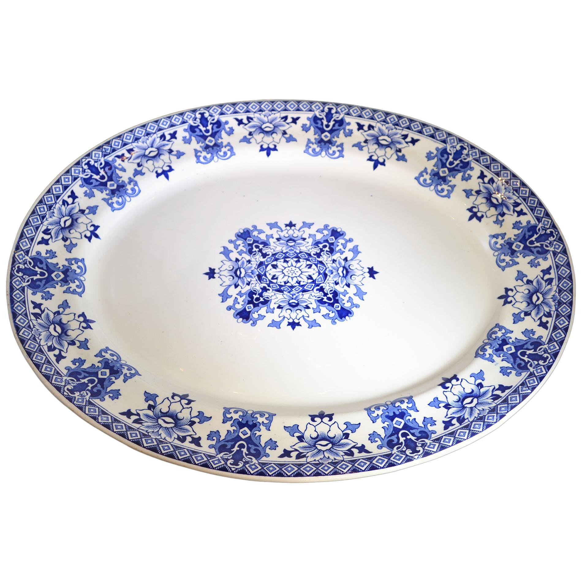 1880s Antique English Blue and White Platter For Sale