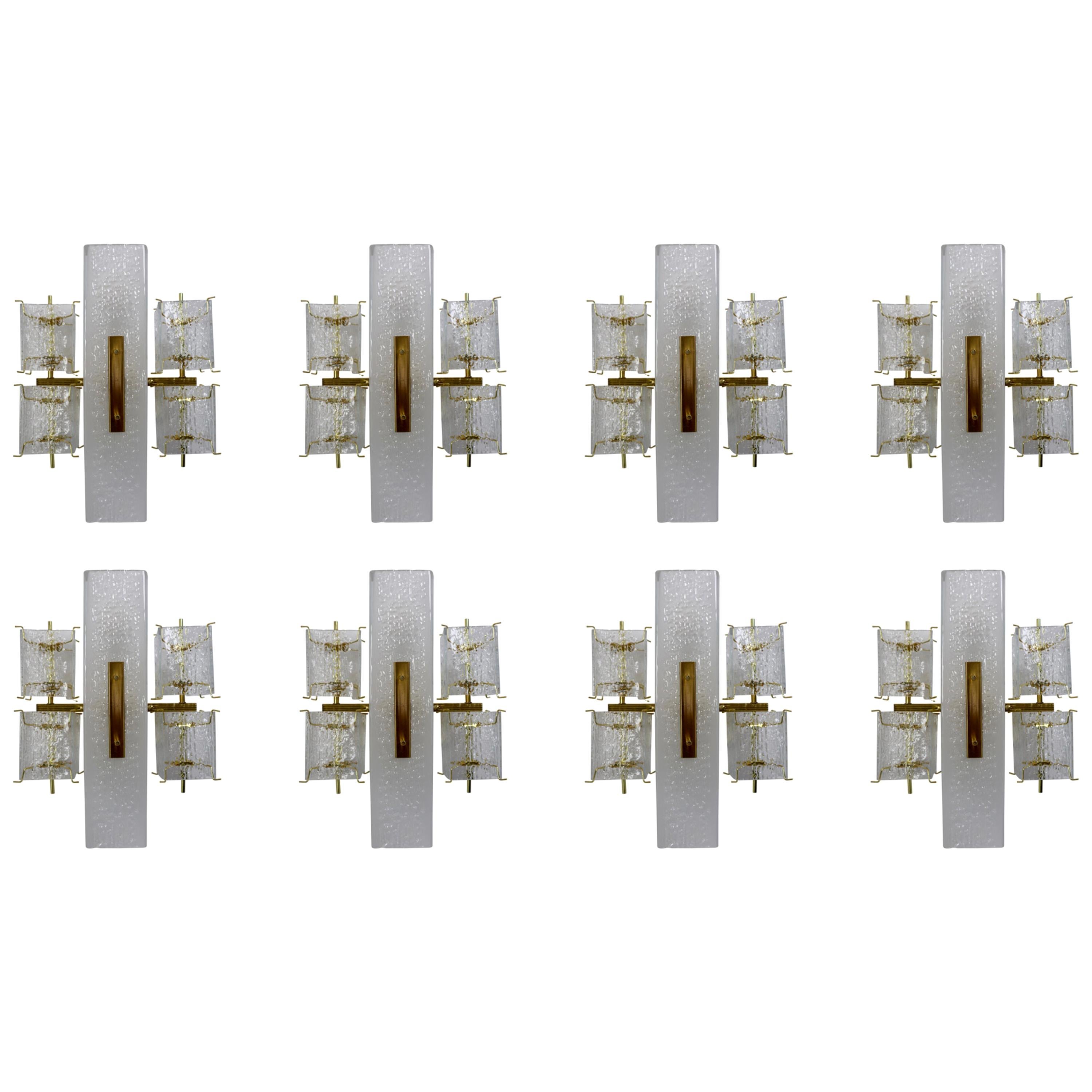 Eight Midcentury Wall Lights with Structured Glass and Brass, Europe 1970s