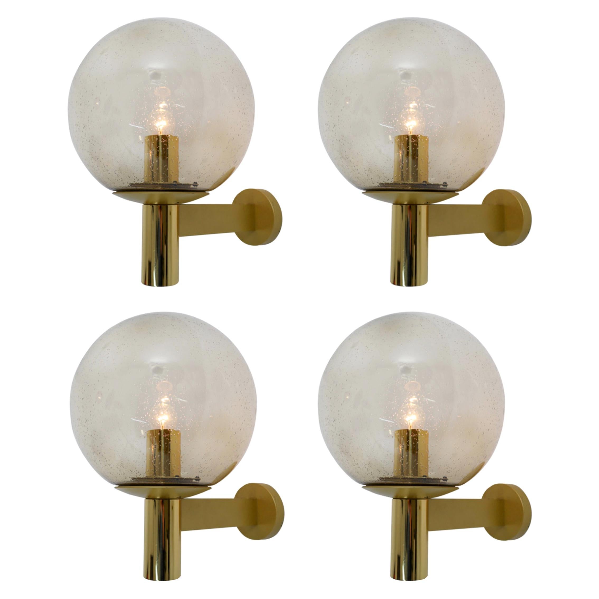 Set of Four Wall Lights with Smoked Glass Globe and Brass by Glashütte Limburg