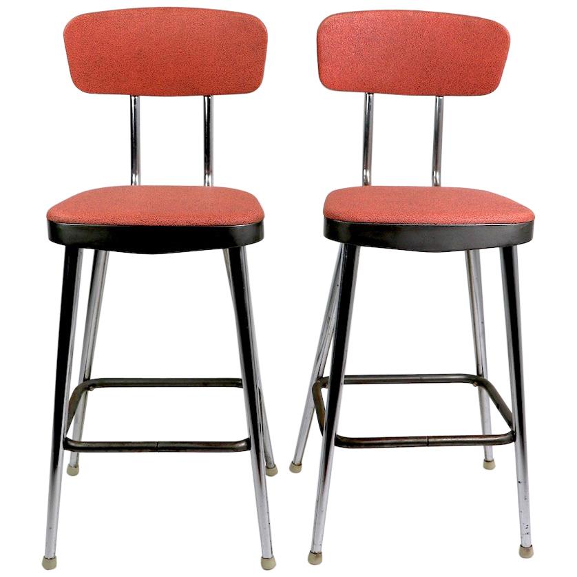 Pair of Mid Century Chrome and Vinyl Counter Height Stools