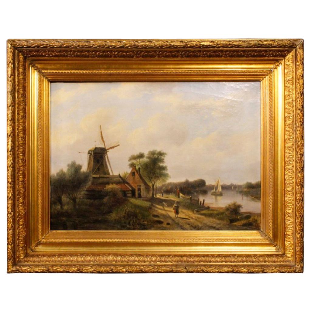 19th Century Oil on Canvas Antique Dutch Painting Landscape with Characters