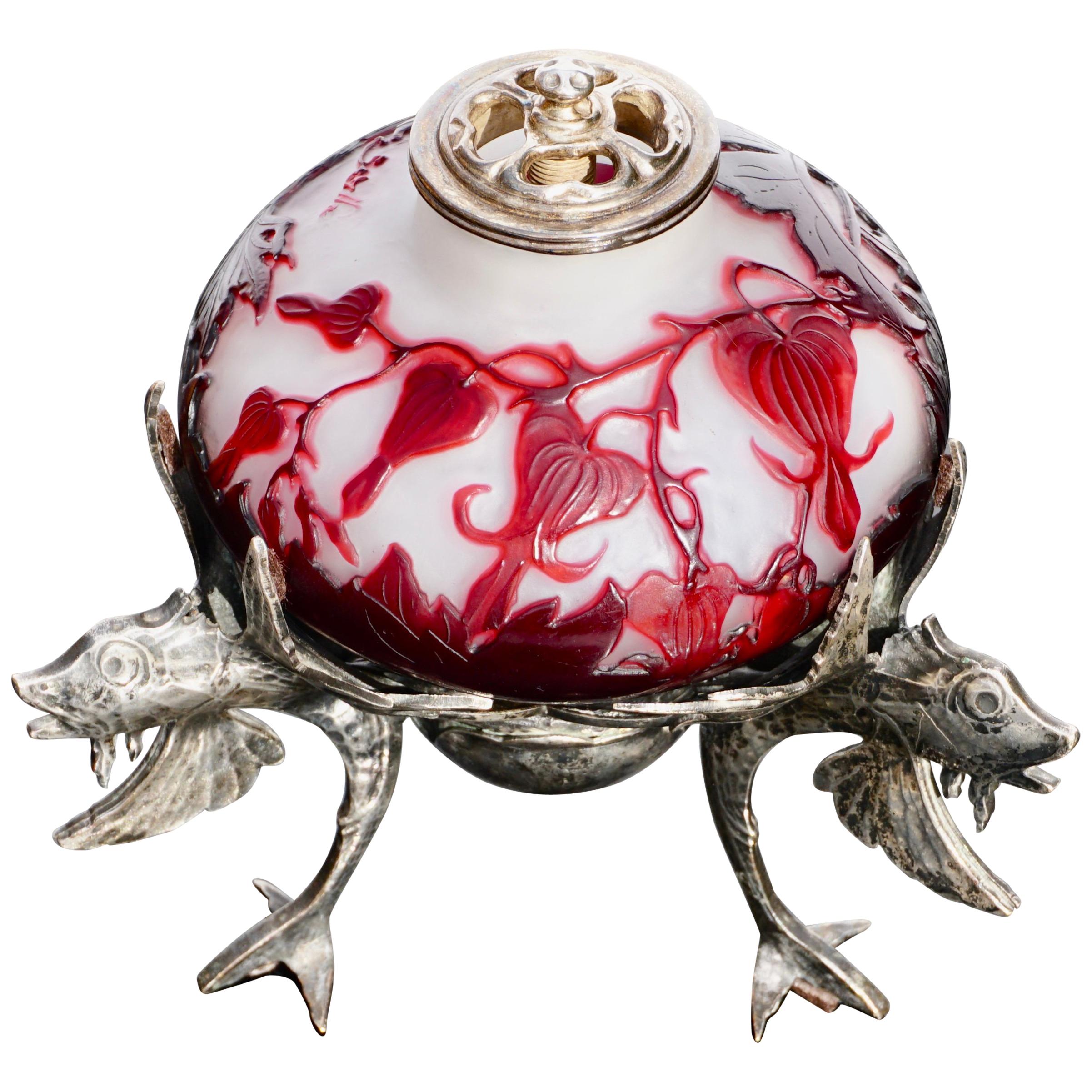 Emile Galle Cameo and Silver Fish Boudoir Lamp