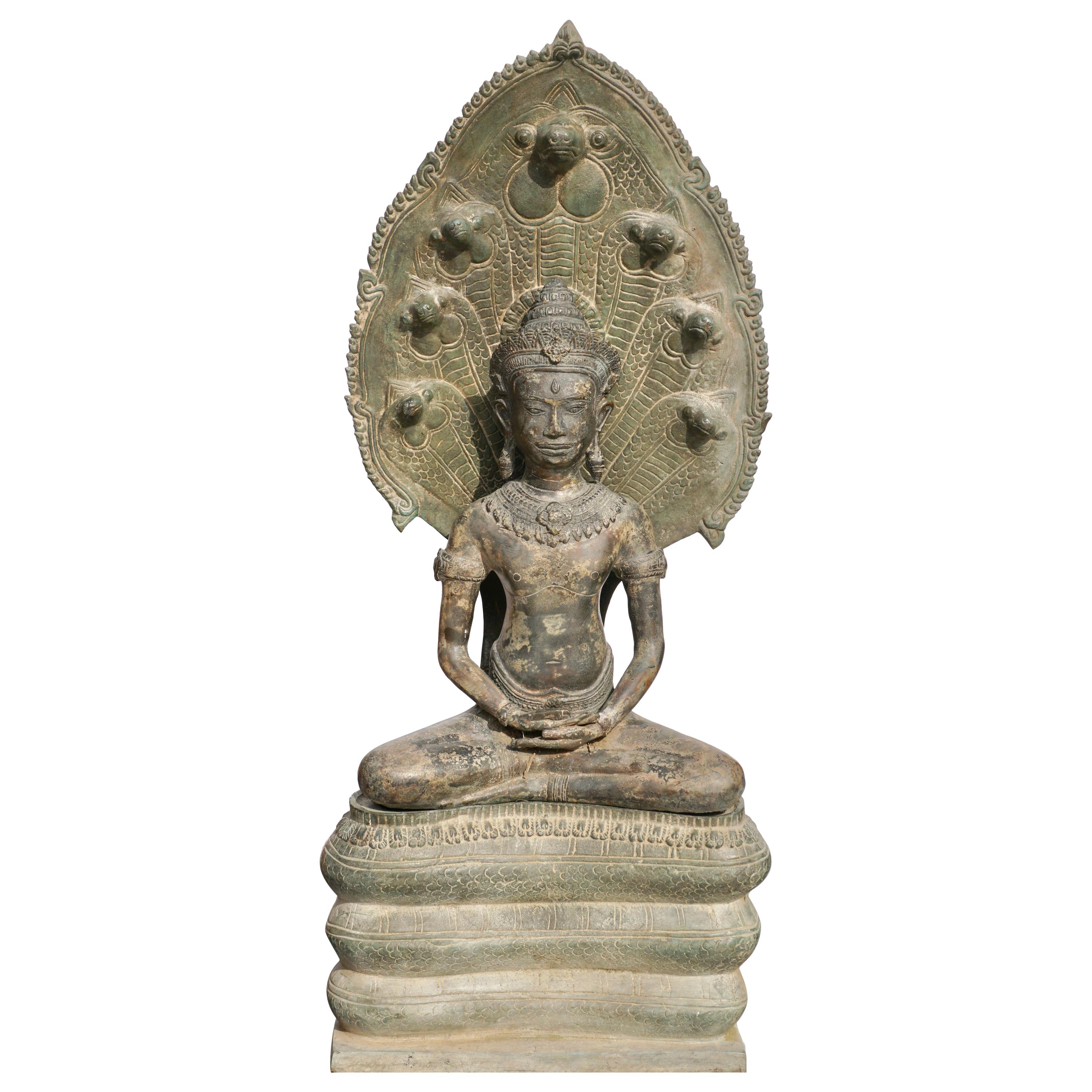 19th Century Khmer Bronze Buddha on Naga Throne