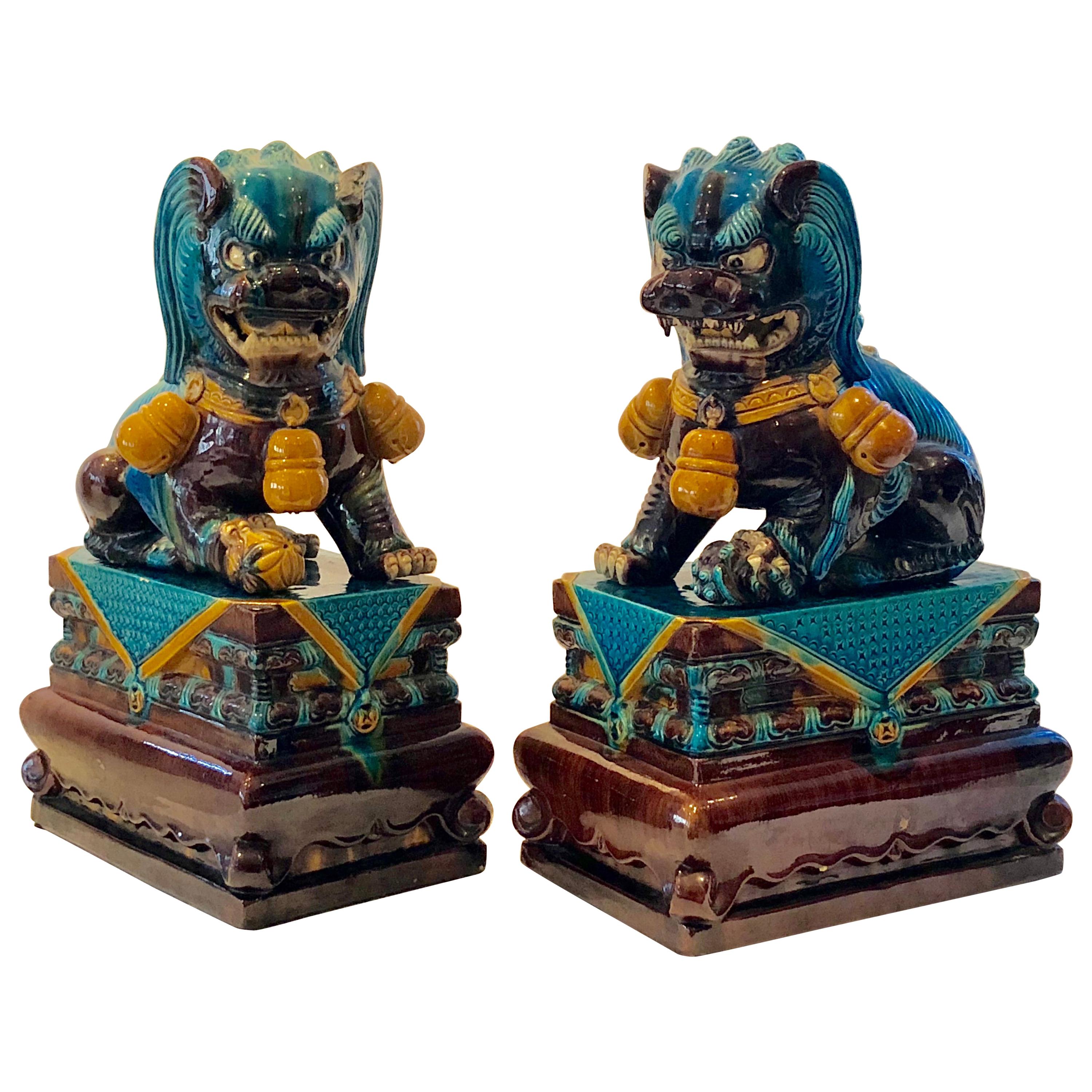 Extraordinary Pair of Chinese Foo Dogs Glazed in Turquoise and Brown