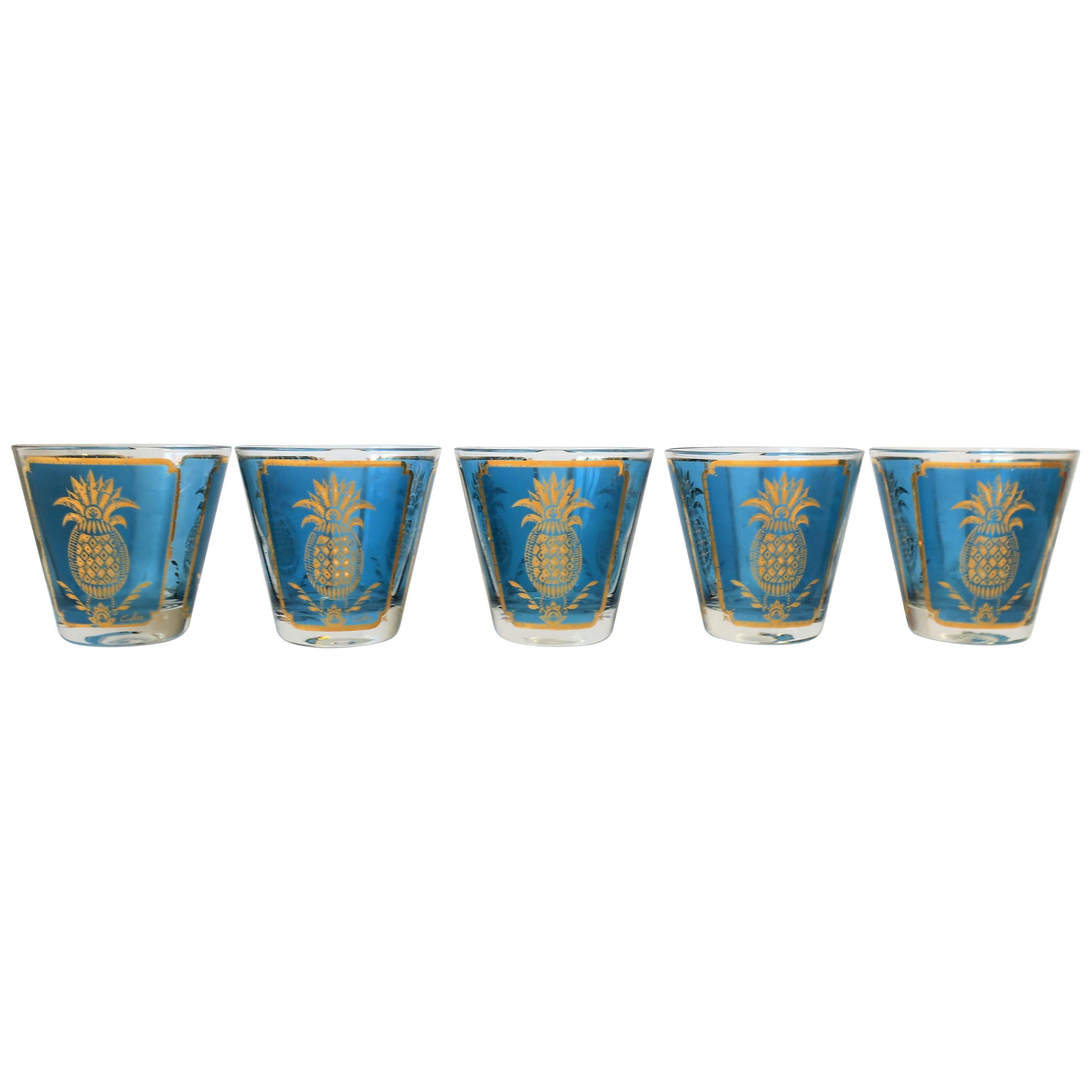 Midcentury Blue and Gold Rocks Cocktail Glasses with Pineapple Design