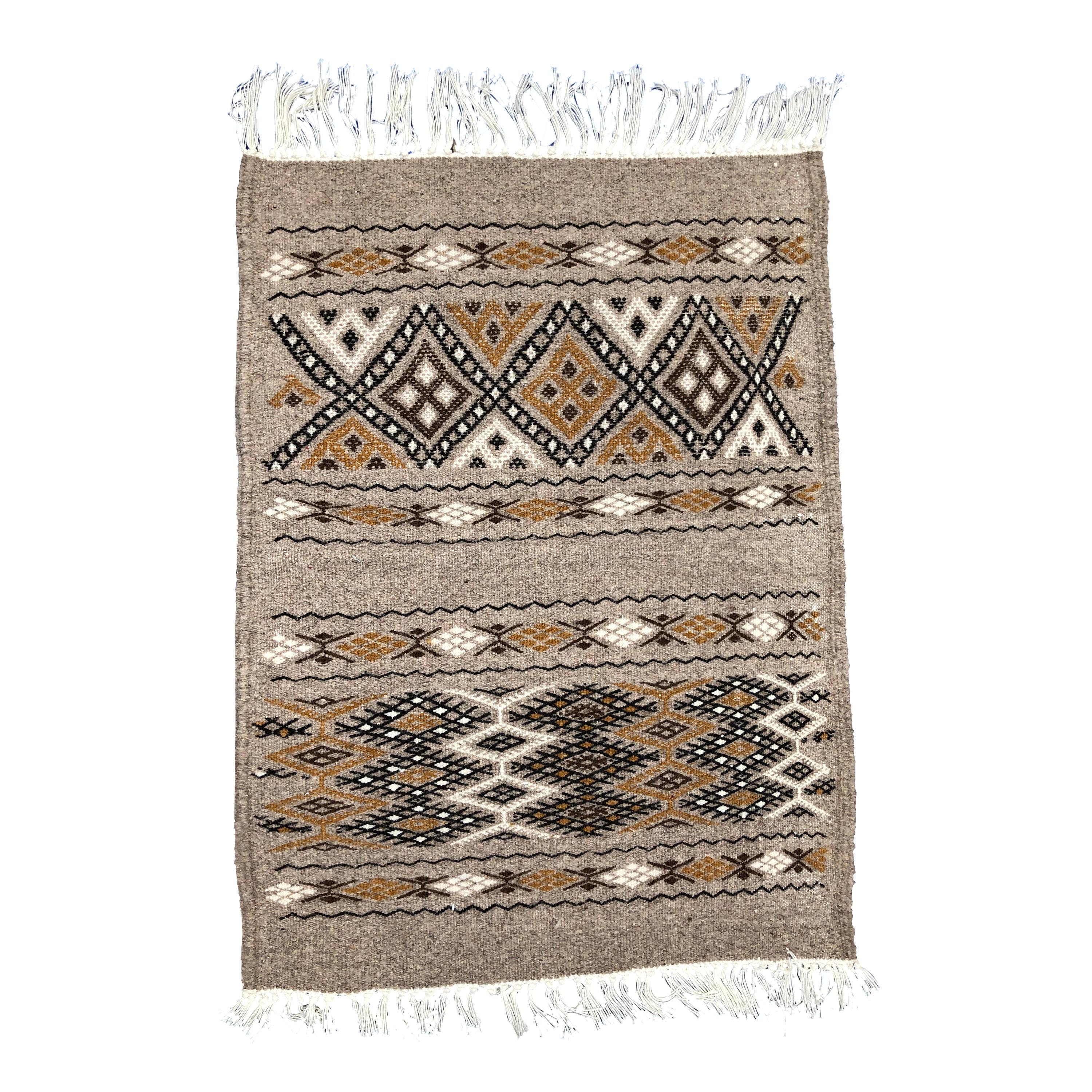 Hand-Loomed Berber Natural Wool Tribal Accent Rug, Neutral Tan and Brown For Sale