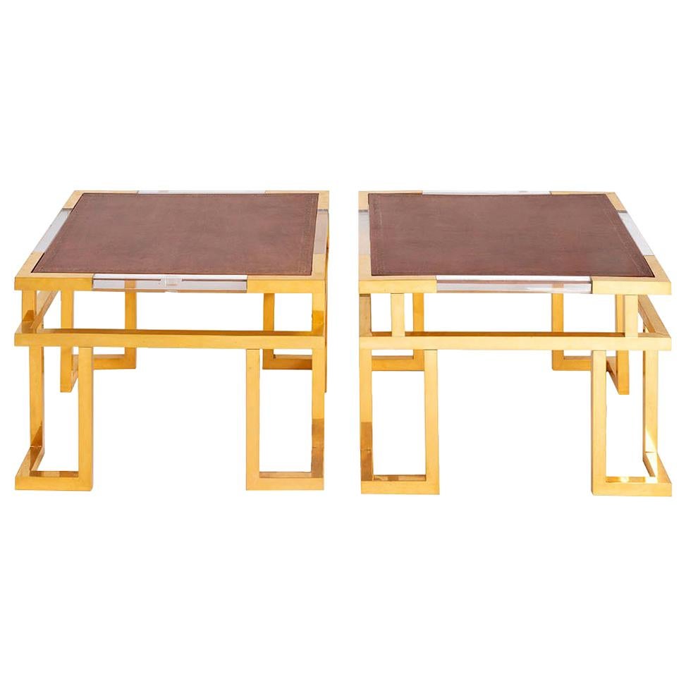 Guy Lefevre, Pair of Giltbrass, Plexiglas and Leather End Tables, circa 1970