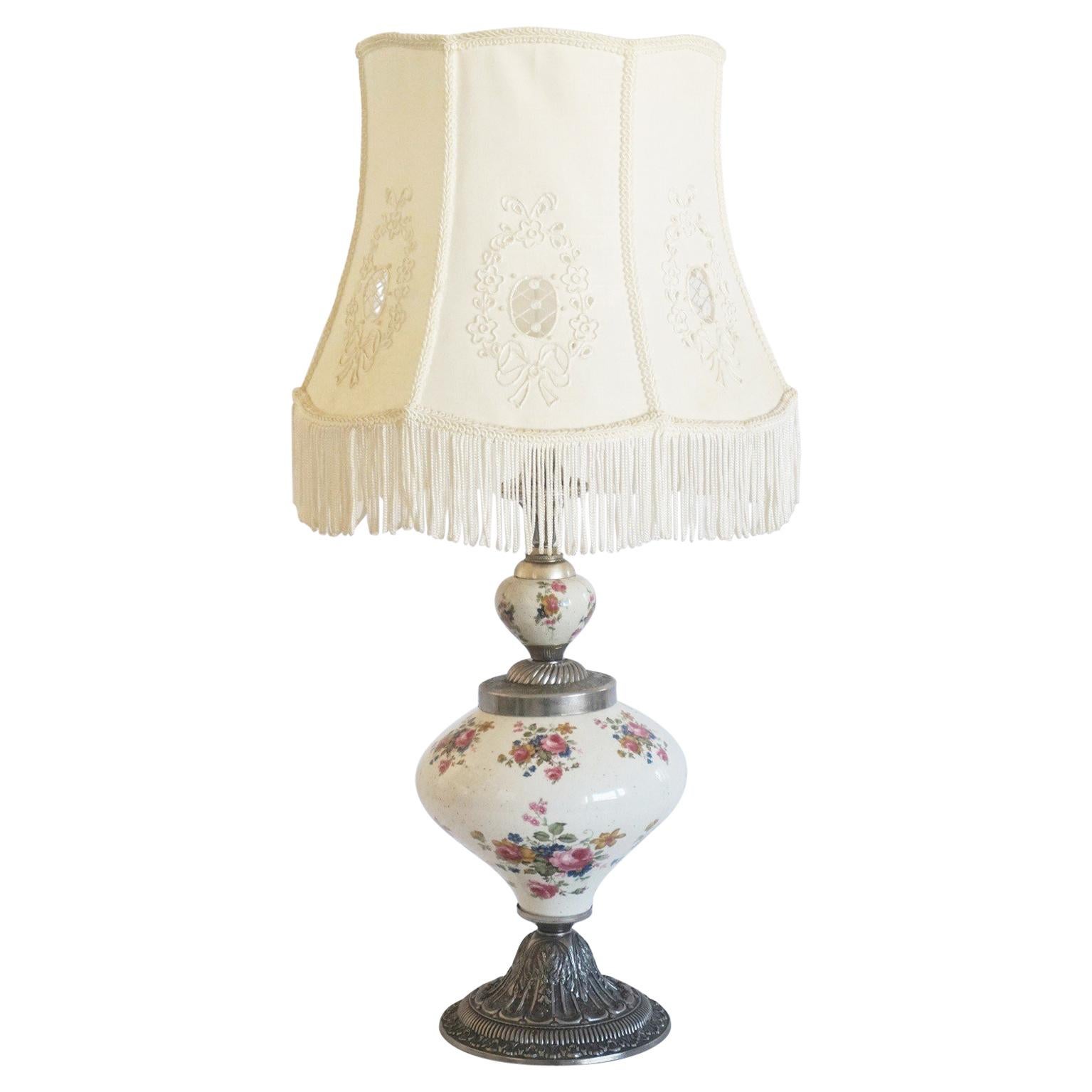Midcentury Hand Painted Porcelain Table Lamp with Hand Embroidered Linen Shade
