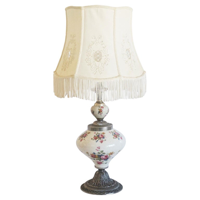 Midcentury Hand Painted Porcelain Table Lamp with Hand Embroidered Linen Shade For Sale