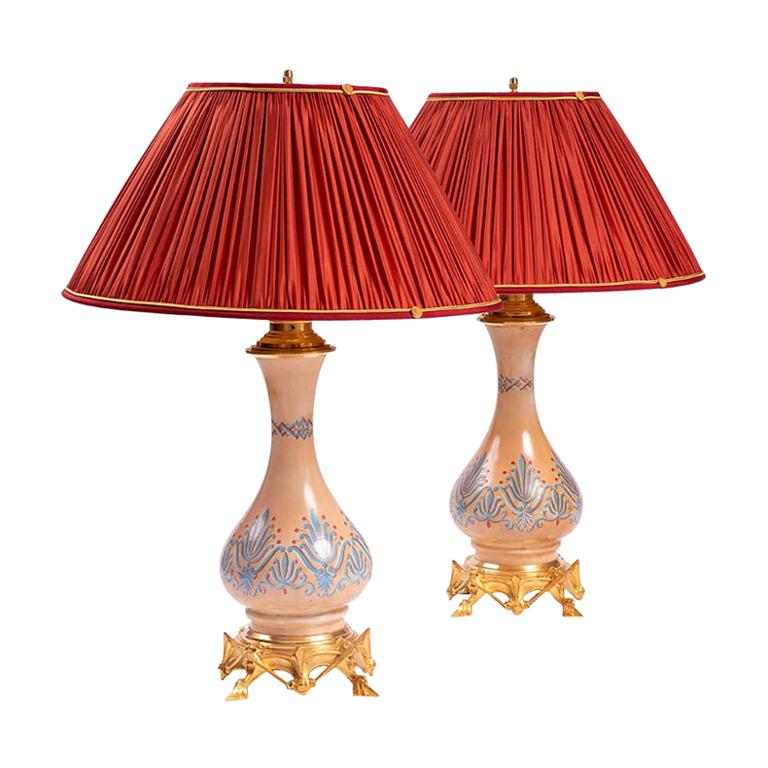 Pair of Gothic Revival Style Opaline Lamps and Gilt Bronze, circa 1890 For Sale