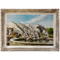 Gustave-Alphonse Demarle, Camargue Horses at the Watering Trough, Dated 1947