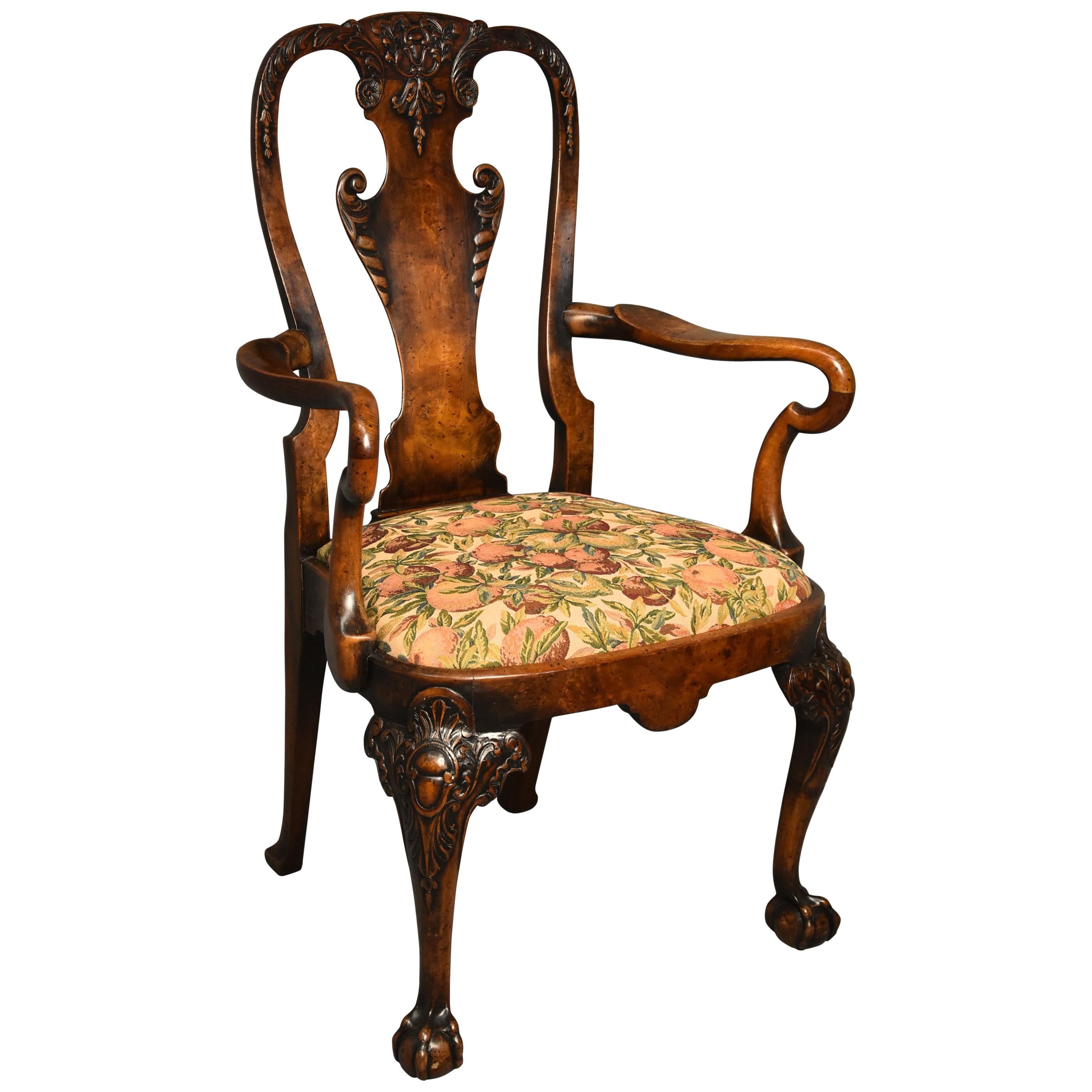 Early 20th Century Walnut Open Armchair in the Queen Ann Style of Fine Patina For Sale