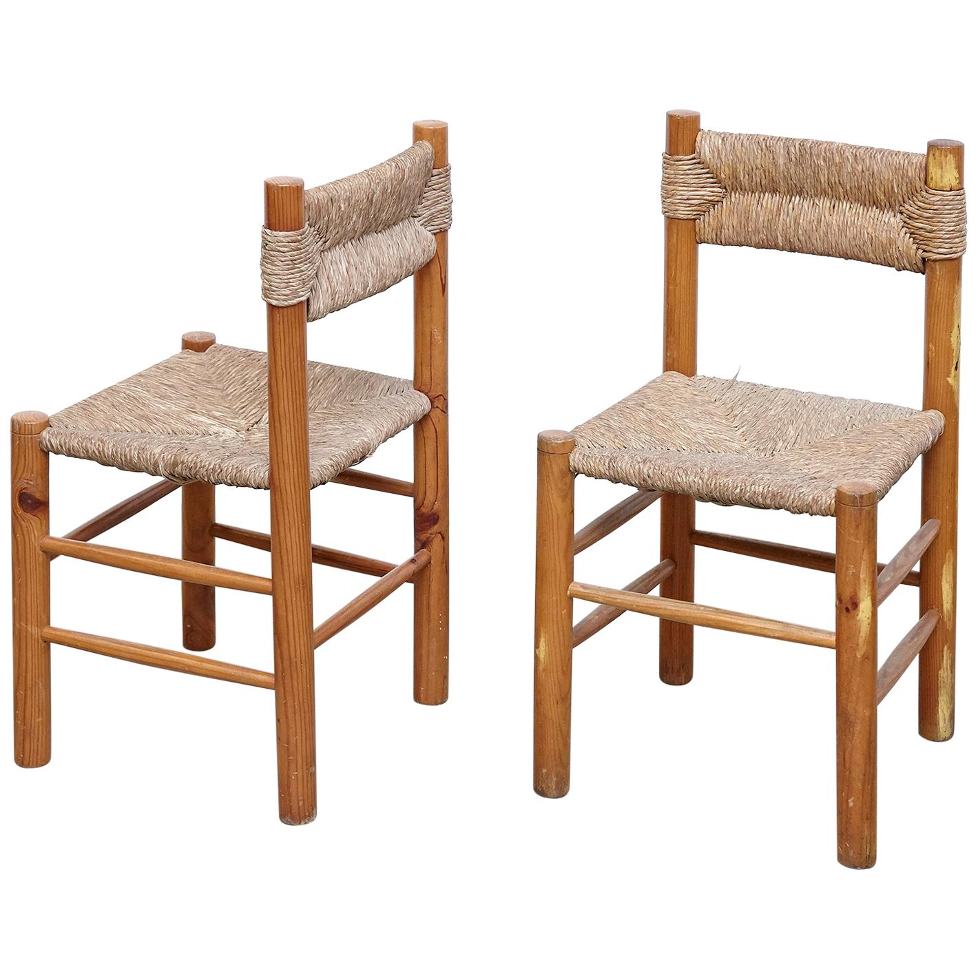 Pair of Chairs After Charlotte Perriand, Wood Rattan, Mid Century Modern