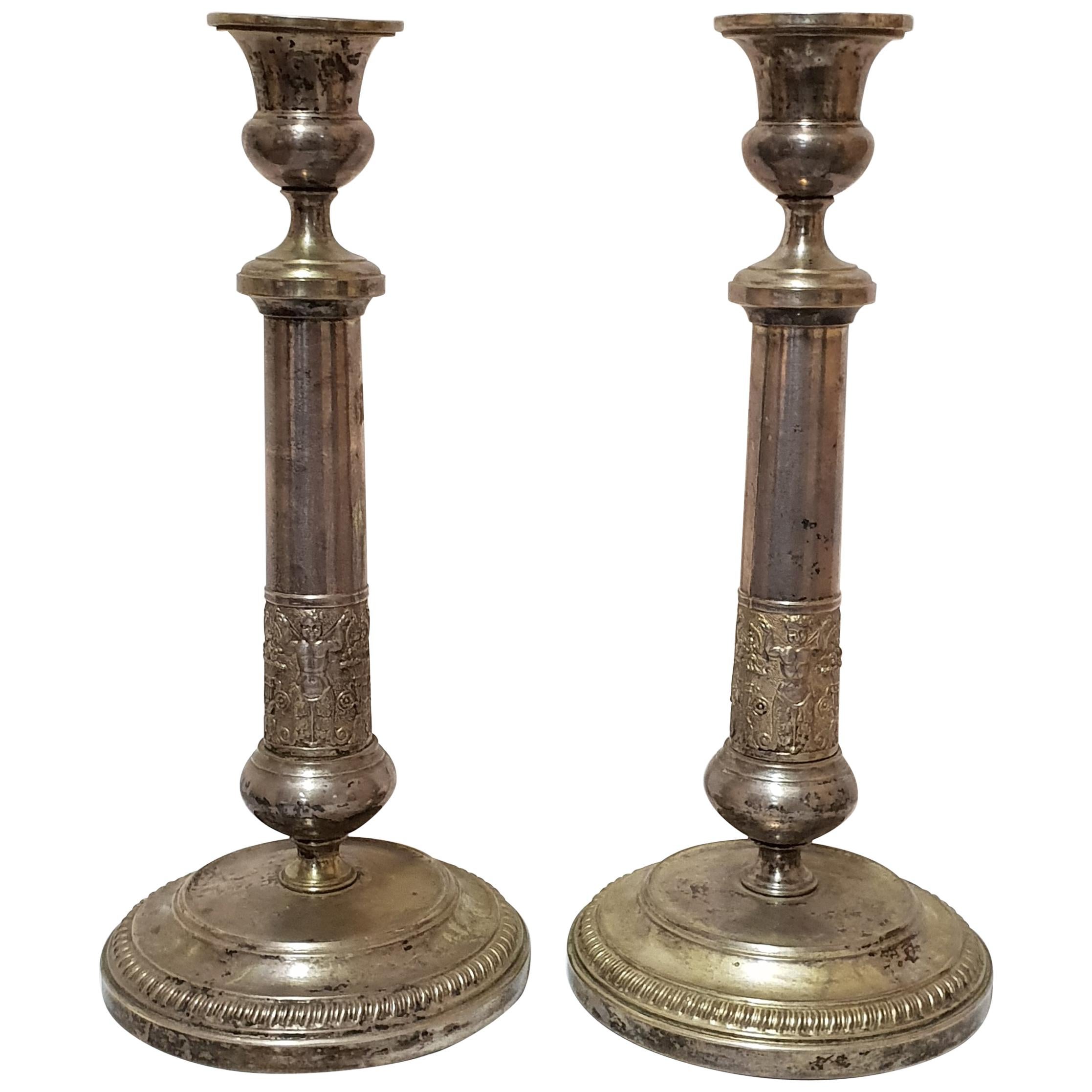Pair of Neoclassical Silver Plated Candlesticks, 1830s
