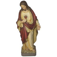 Large Antique Religious Church Statue Jesus Christ sacred Heart in Terracotta