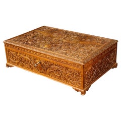Vintage 20th Century Carved and Chiselled Oriental Wood Indian Box, 1960