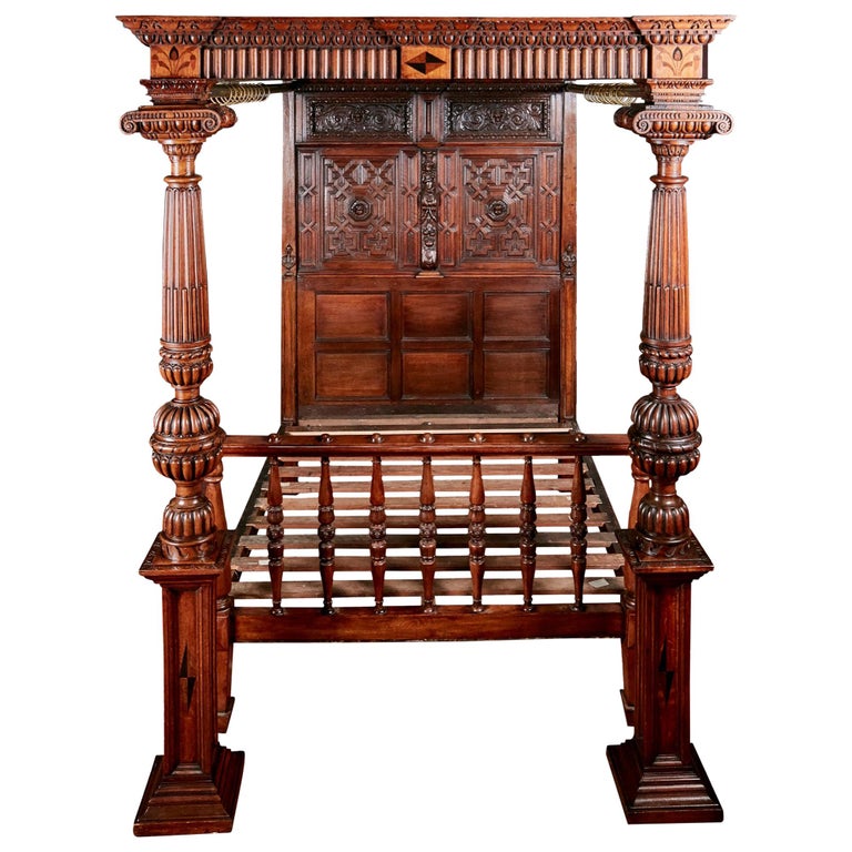 Outstanding Antique Victorian Carved Oak And Marquetry Inlaid 4 Poster Bed