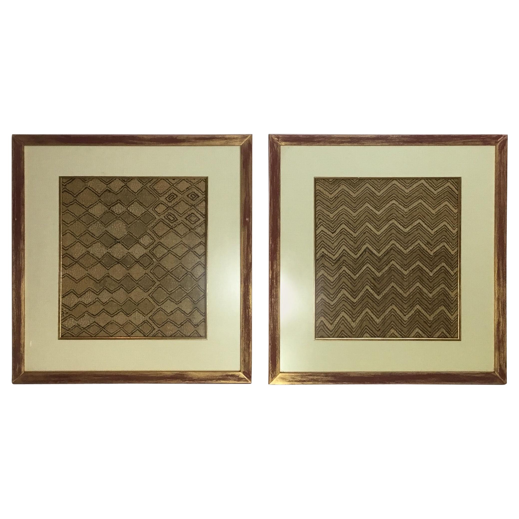 Pair of Framed Handwoven Faffia Cloth from Congo