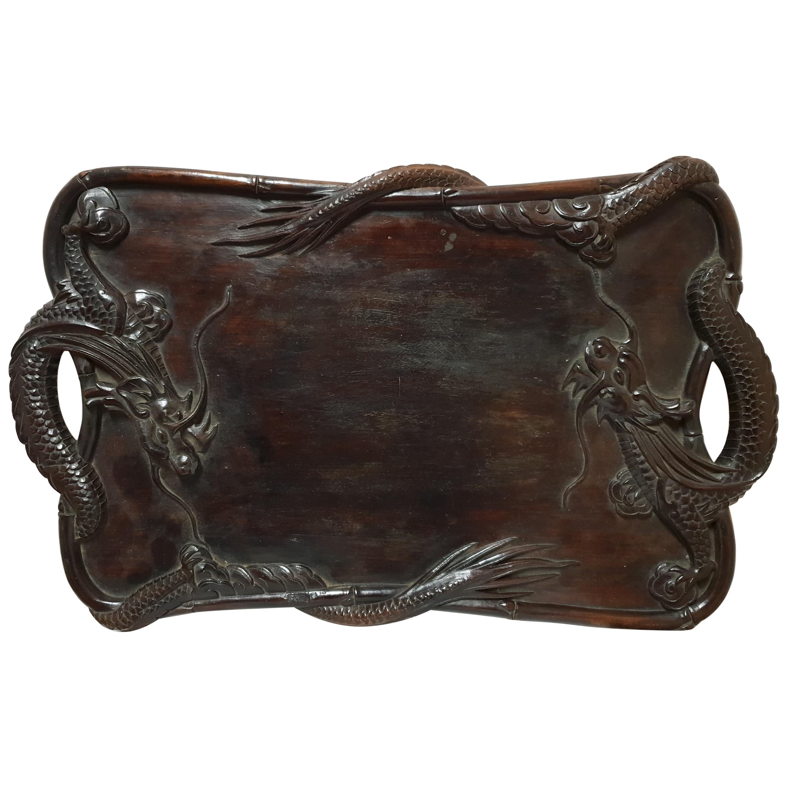 Qing Dynasty Chinese Hardwood Tray with Dragons, 1900s