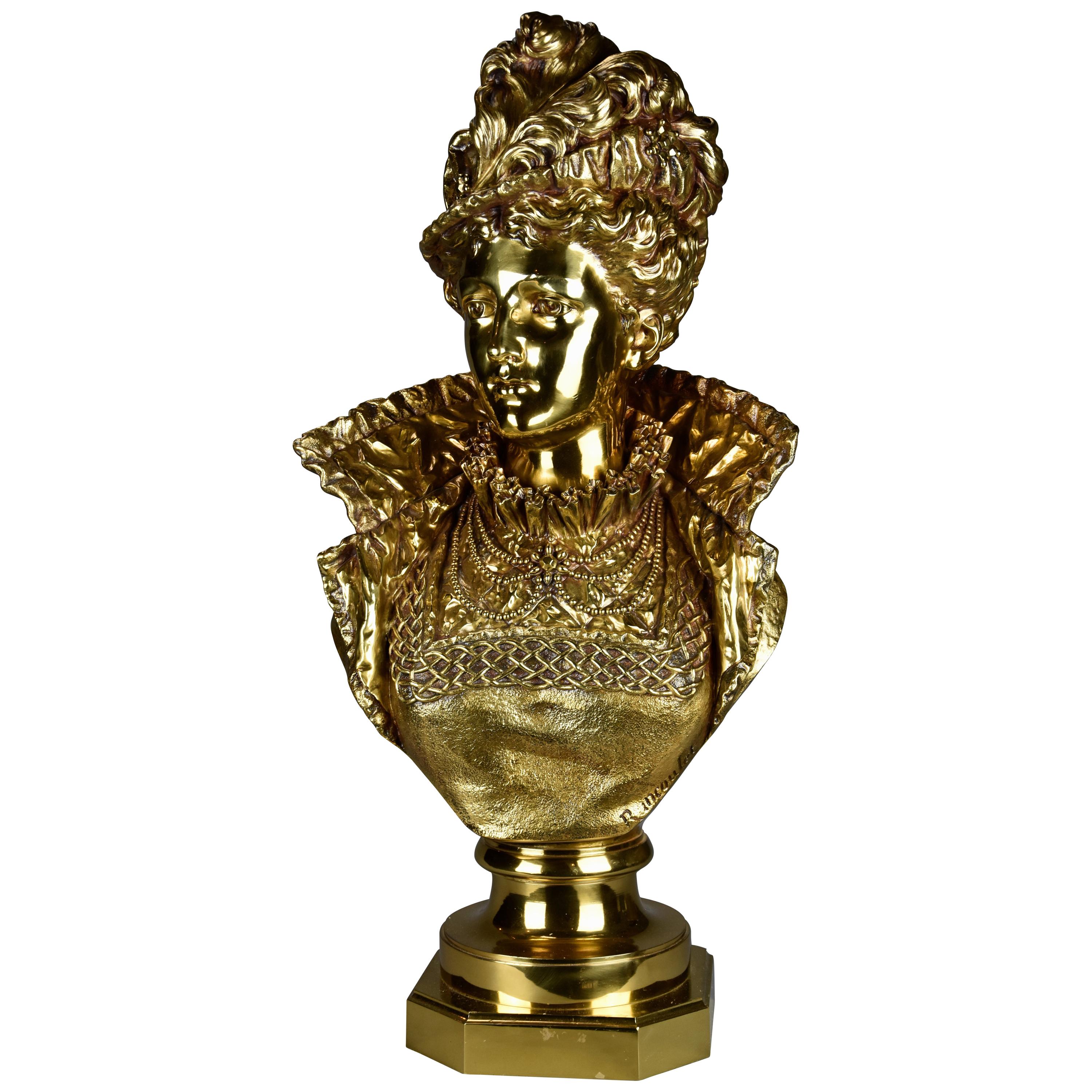 Late 19th Century French Gilt Bronze Bust Figure of a Renaissance Lady For Sale