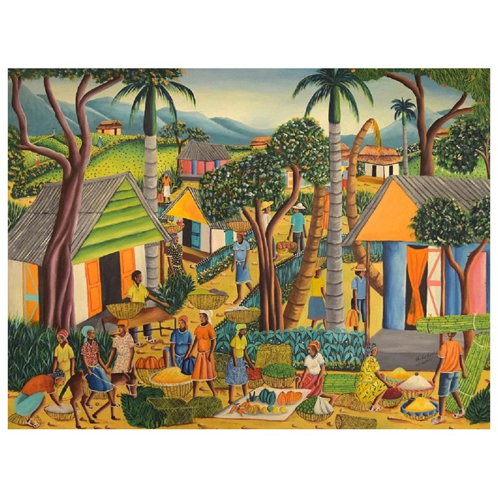 Alix Pierre, Haitian Artist, Naivist School, Oil on Canvas, Town Scene