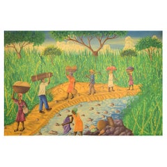 Emile, Artista Haitiano, Escuela Naivista, Óleo sobre Lienzo, Años 70, Trabajadores Locales