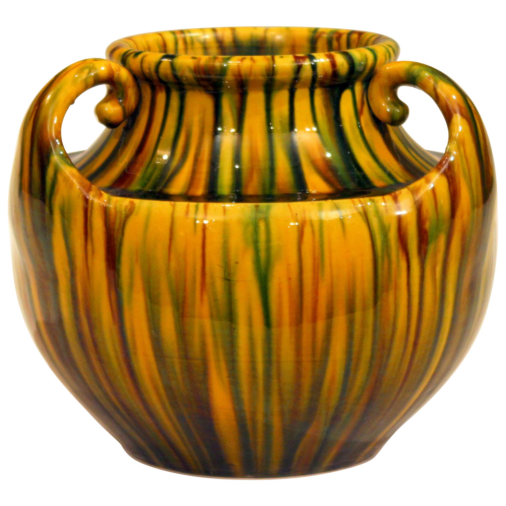 Awaji Pottery Art Deco Japanese Vintage Studio Yellow Vase Flambe Glaze