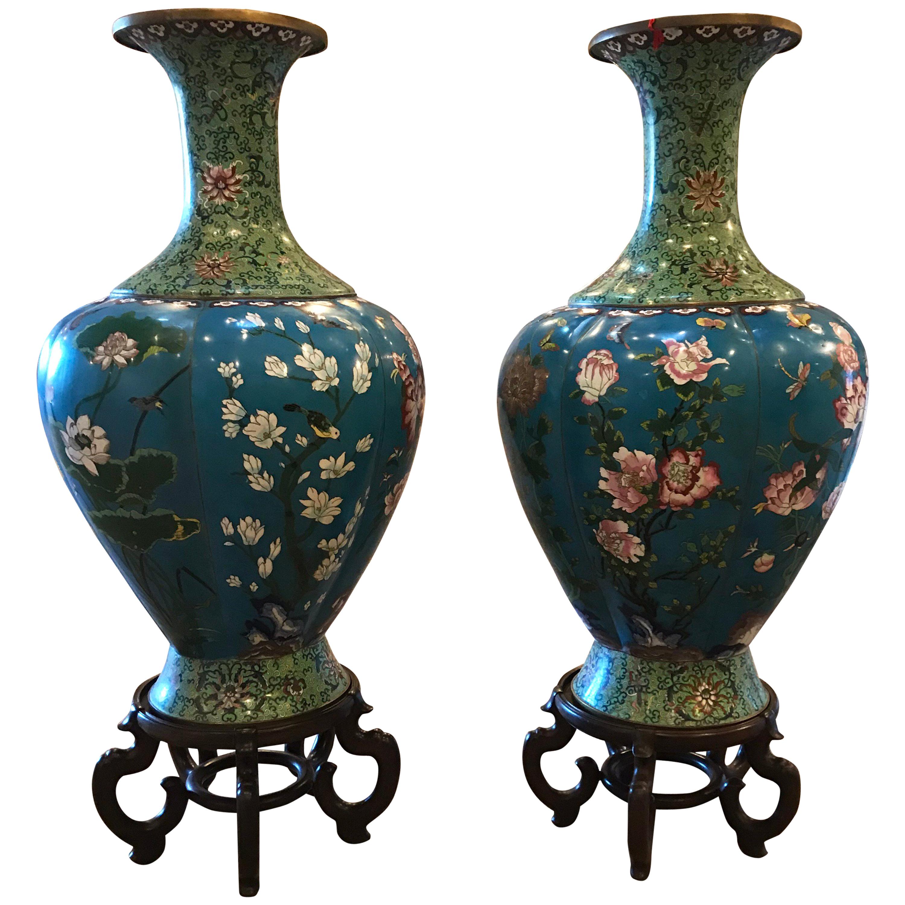 Massive Pair of Vintage Cloisonné Vases For Sale