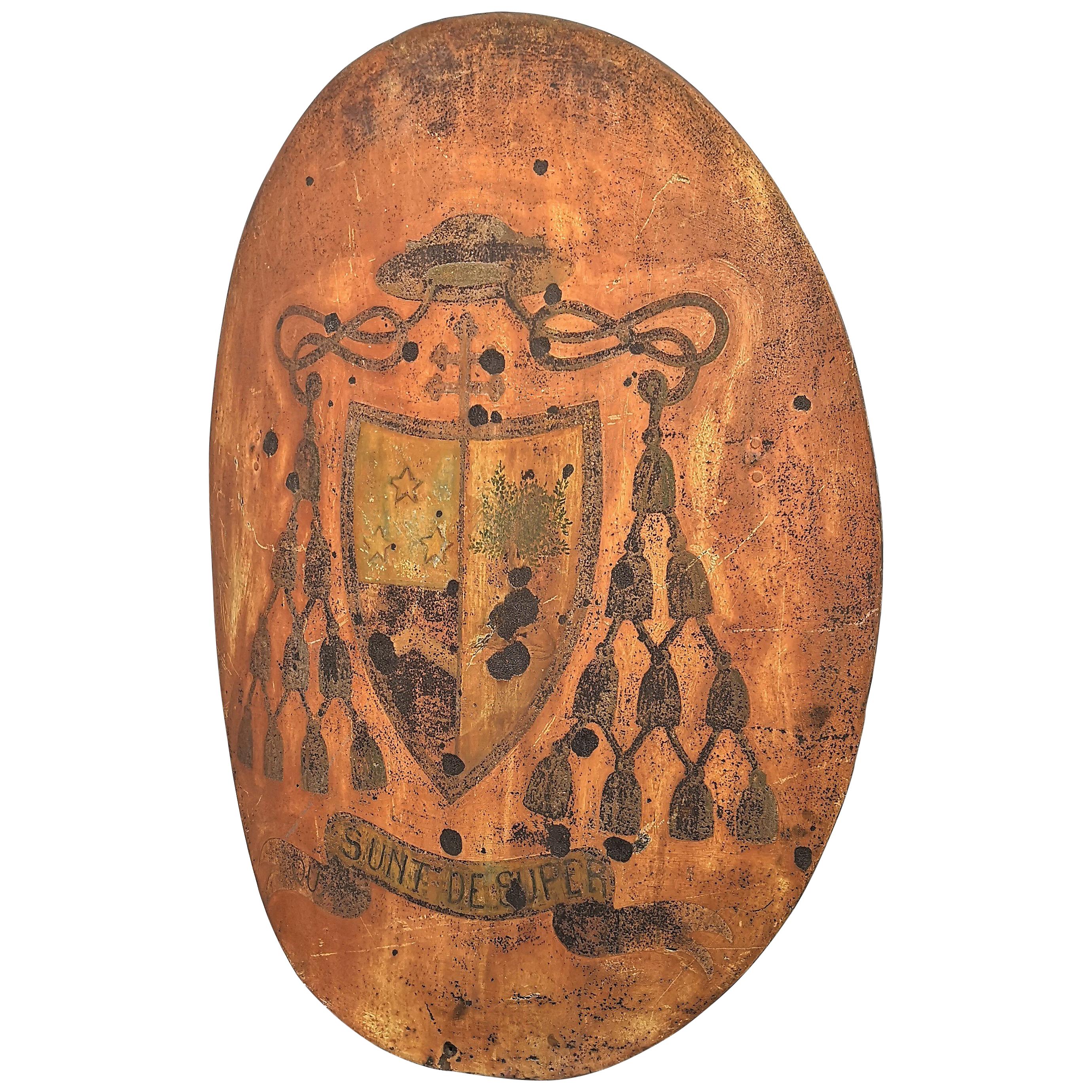 18th Century Italian Ecclesiastical Coat of Arms Painted on Convex Wrought Iron