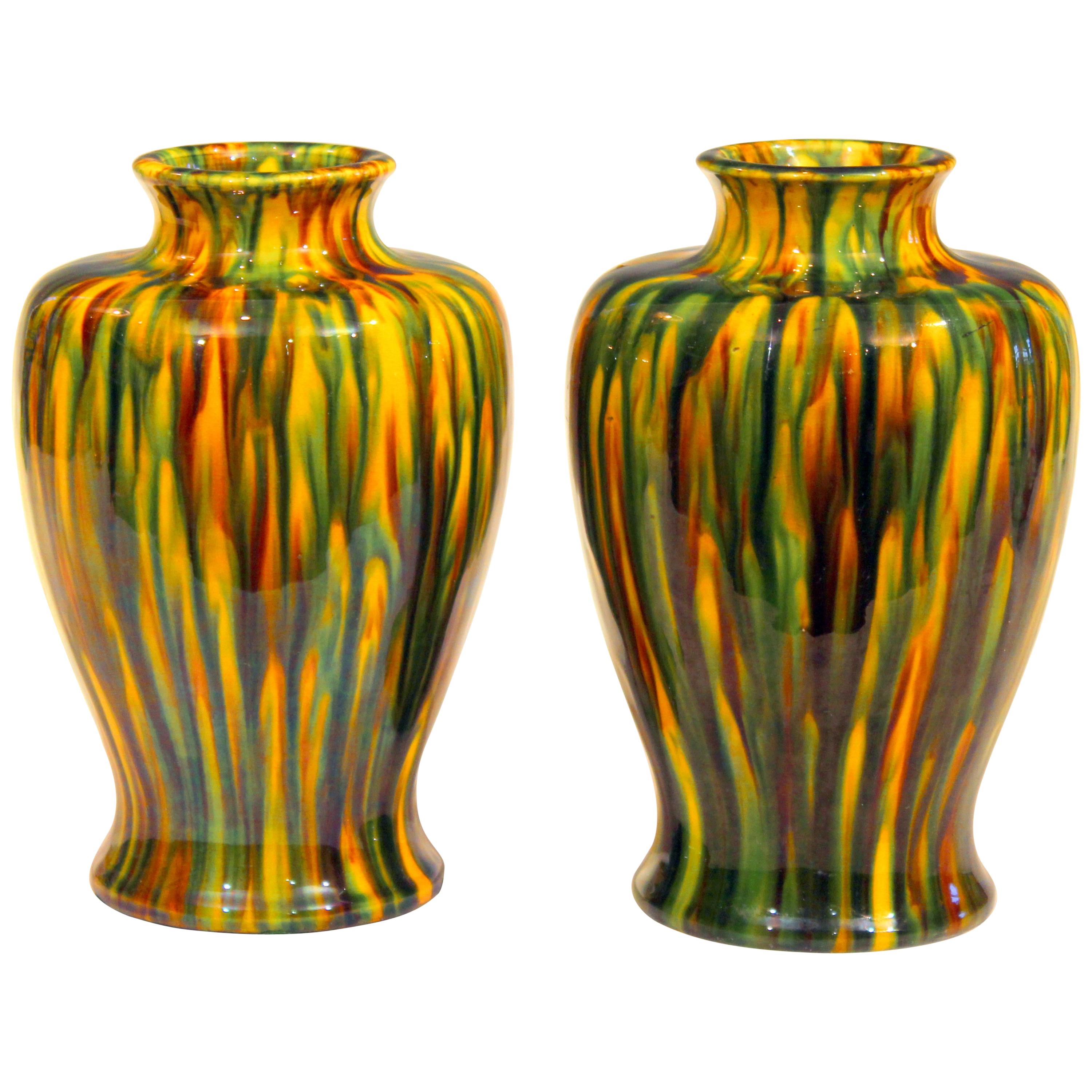 Pair of Awaji Pottery Art Deco Japanese Garniture Yellow Flambe Glaze Vases