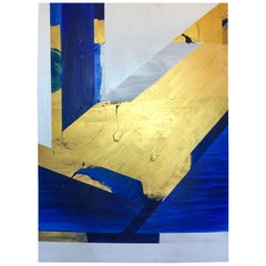 Large Gold, Blue, White Geometrical Abstract Painting by Mak