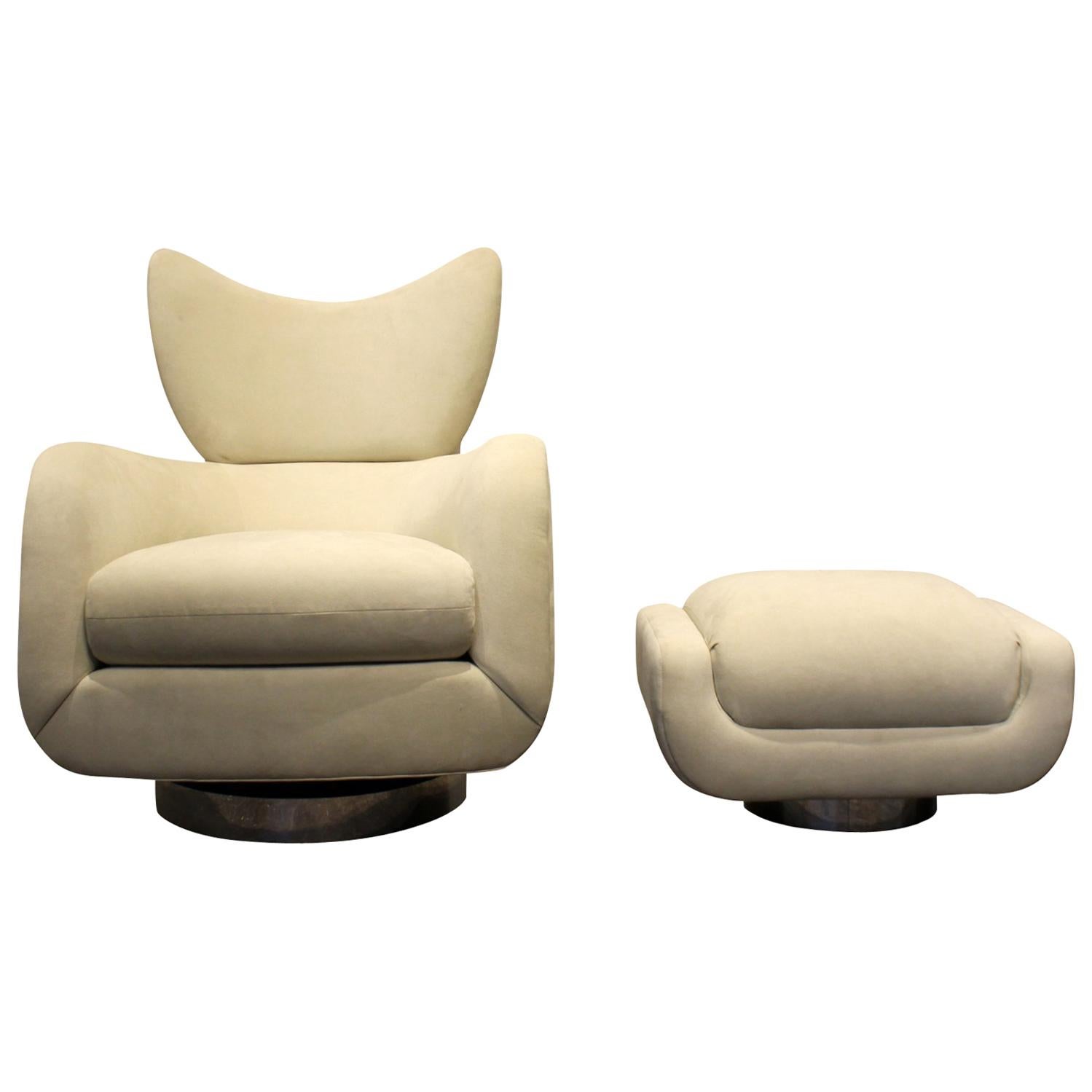 Modern Swivel and Rock Lounge Chair and Ottoman in White by Vladimir Kagan