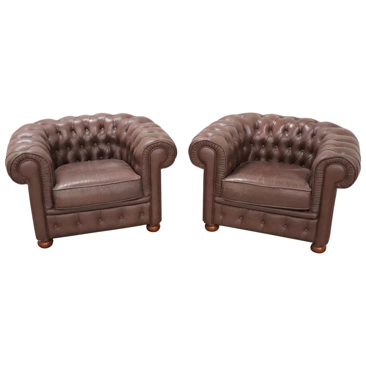 20th Century Vintage Pair of Leather English Chesterfield Armchairs
