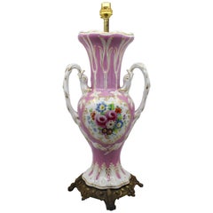 Antique Hand Painted Two Handled Porcelain Table Lamp