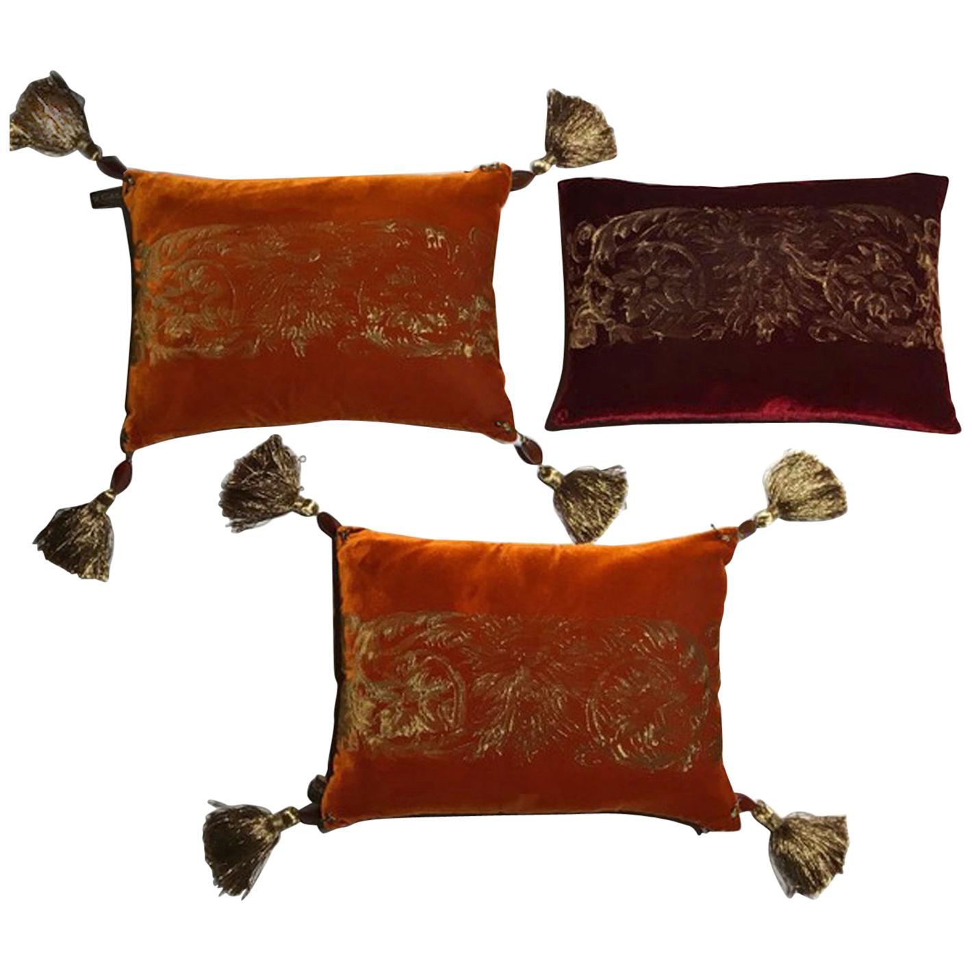 Fortuny Venice Style Set Three Orange Silk Pillows in Golden Color Hand Printed