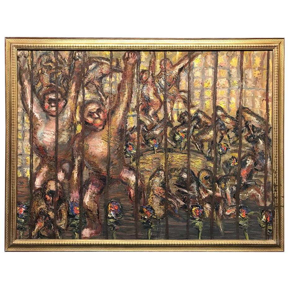 Oil Painting By Hungarian Artist Roman Gyorgy "Monkeys", 1965 For Sale