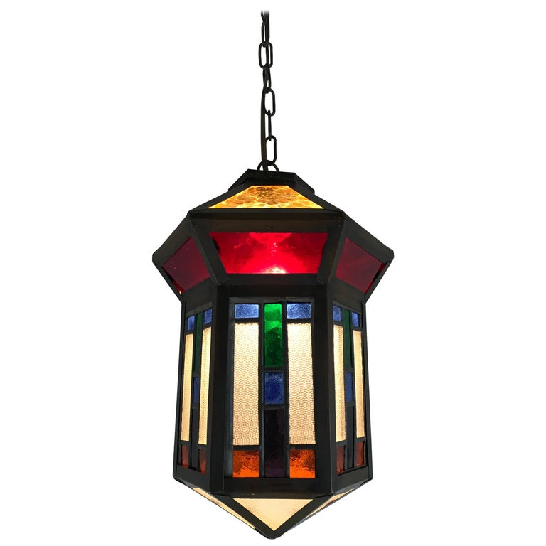 Handcrafted Stain Leaded Glass Geometric Design Art Deco entry hall Pendant  For Sale at 1stDibs | stained glass light fixtures, stained glass pendant  light, stained glass lighting fixtures