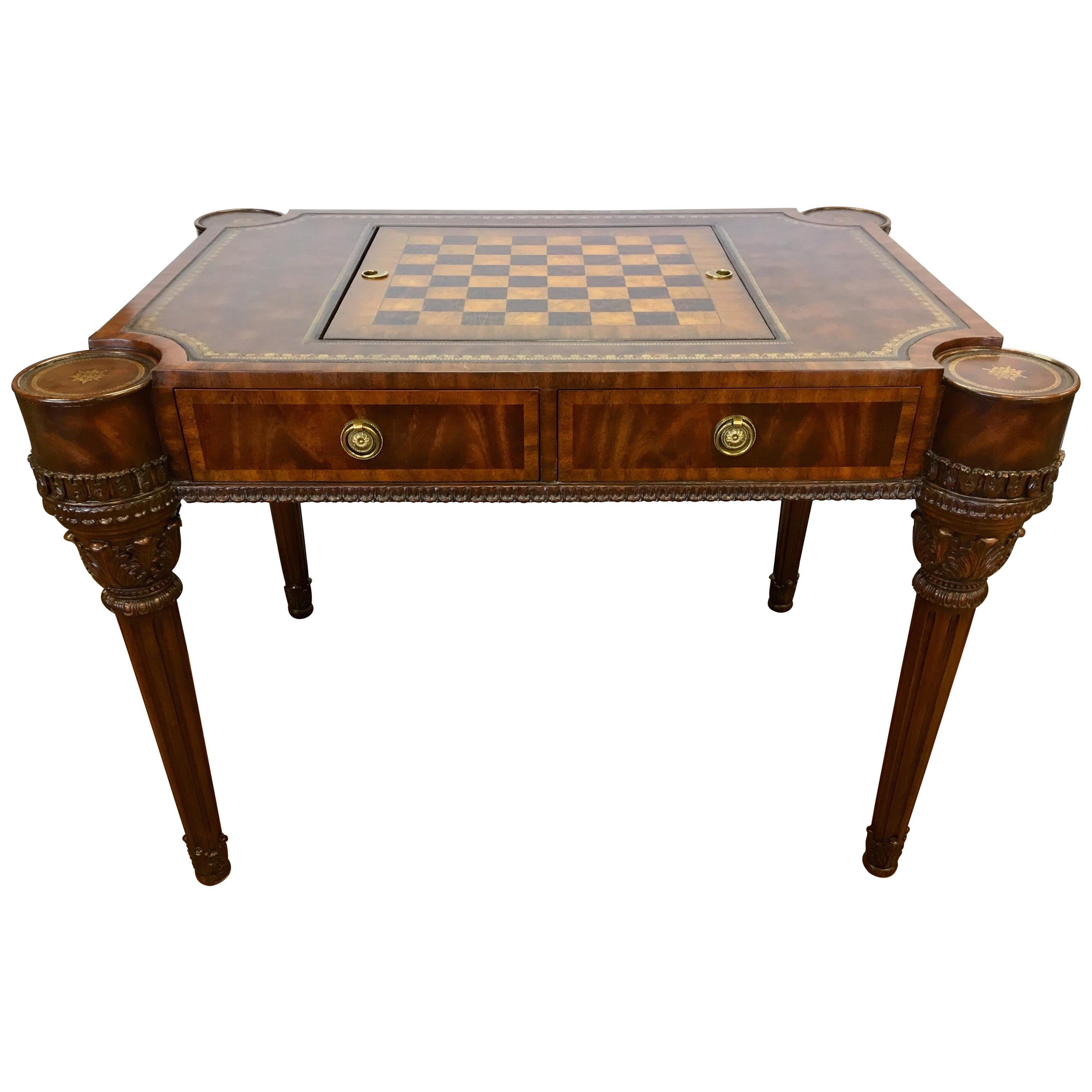 Maitland-Smith Carved Mahogany Game Table with Leather Top