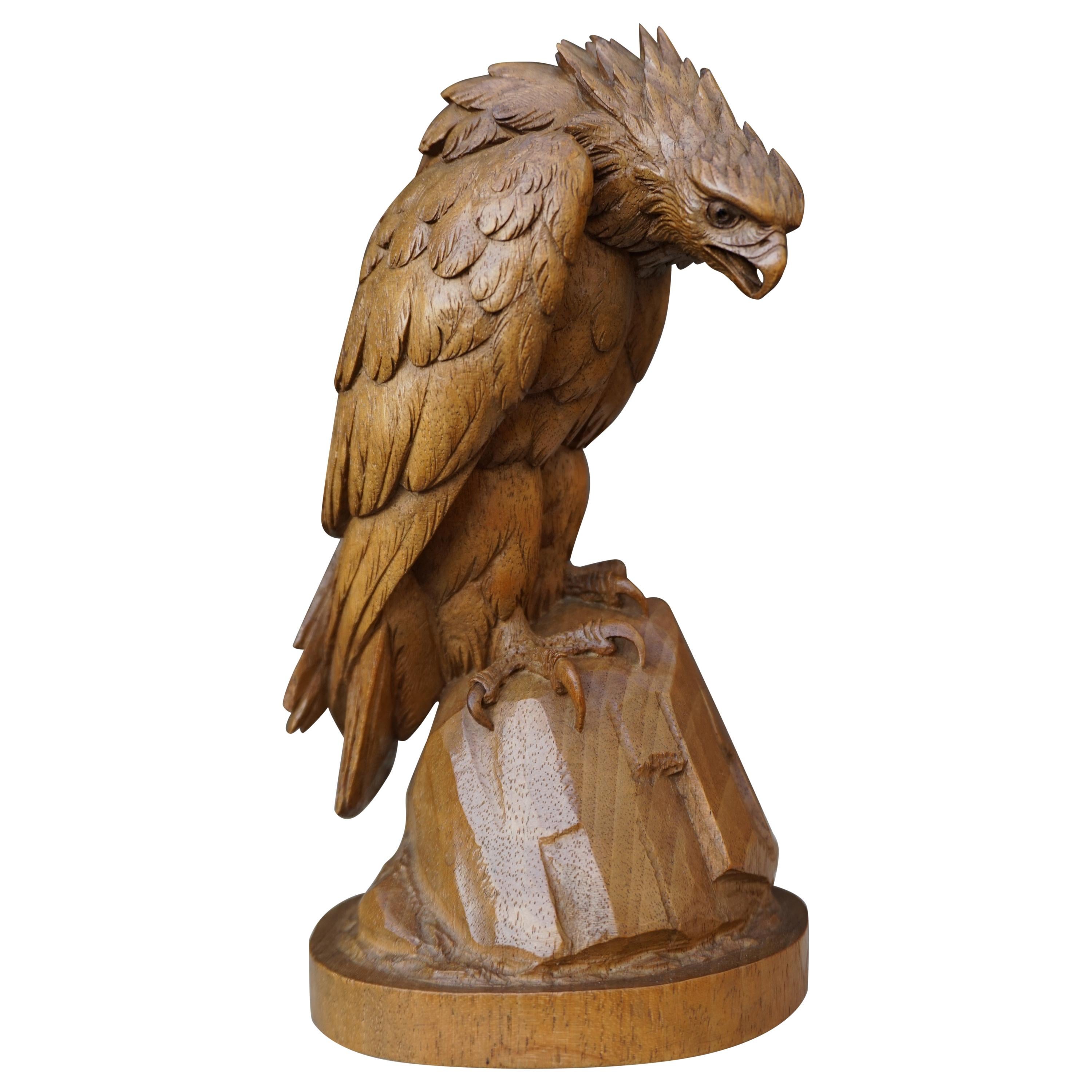 Hand Carved Nutwood Swiss Black Forest Eagle Sculpture Marked Interlaken, 1923