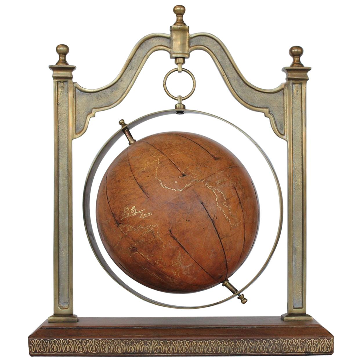 Midcentury Leather World Globe by Sarreid For Sale