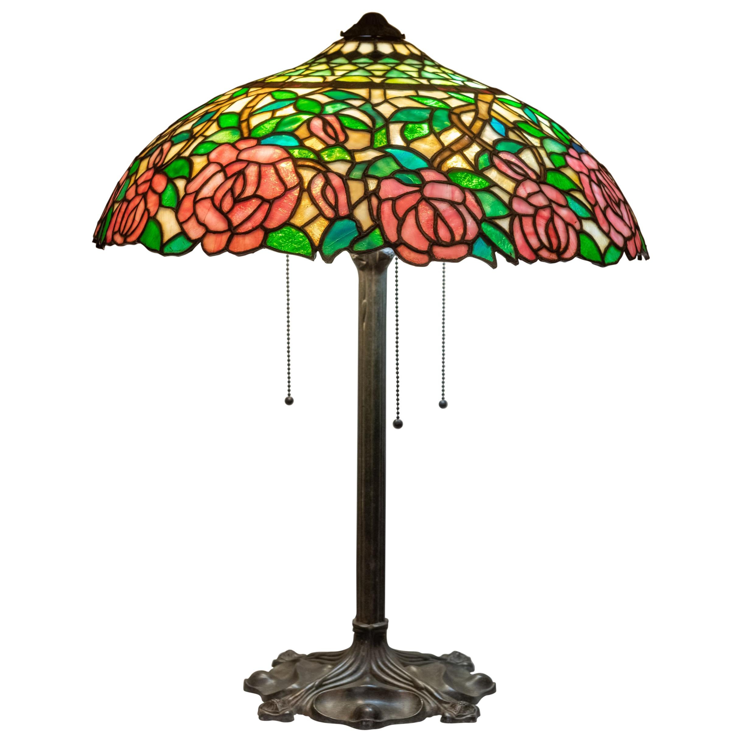 Antique American Leaded Glass Table Lamp, Full Floral Rose Pattern by Gorham