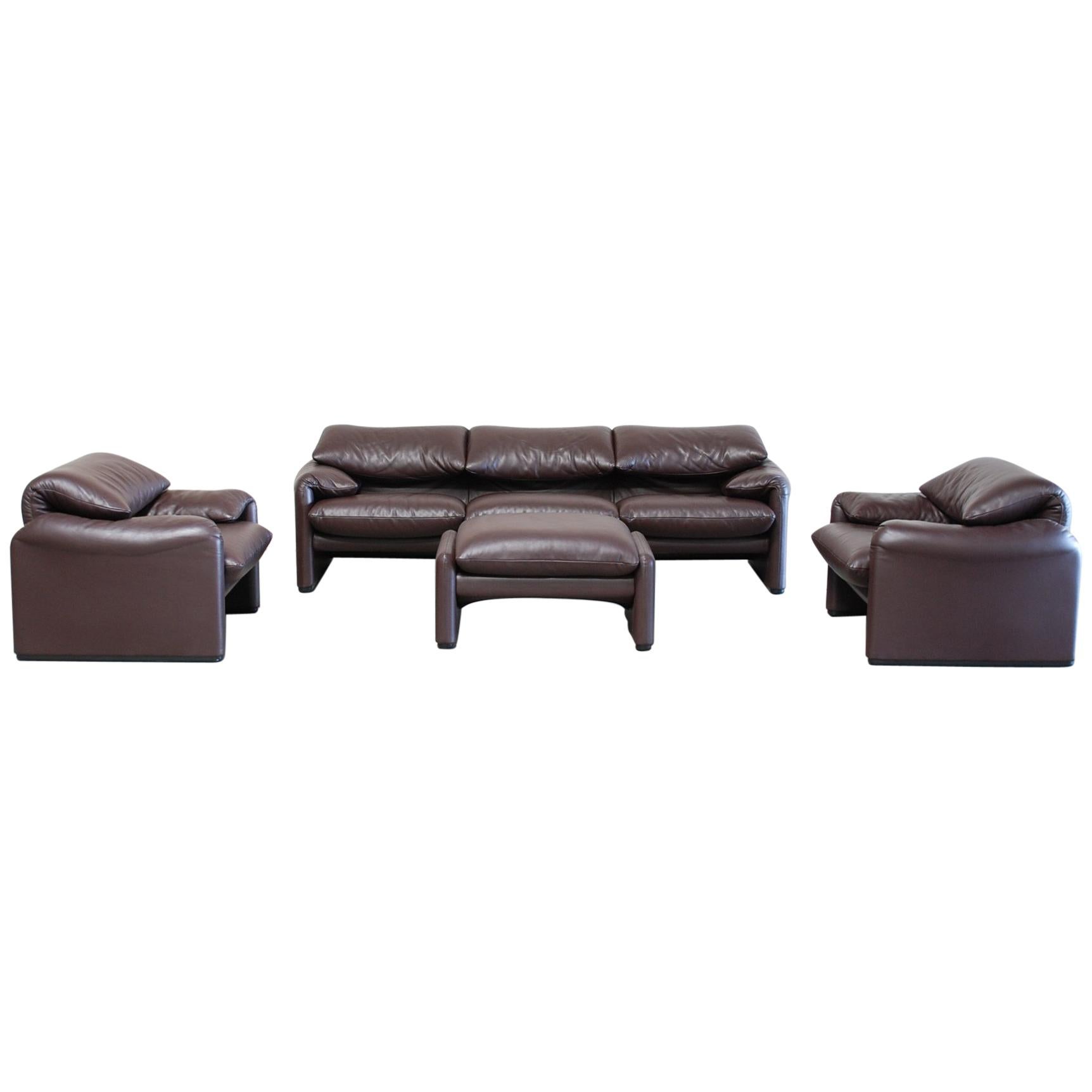 Cassina Maralunga Ensemble Leather Sofa and 2 Chairs and 1 Ottoman