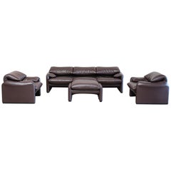 Cassina Maralunga Ensemble Leather Sofa and 2 Chairs and 1 Ottoman