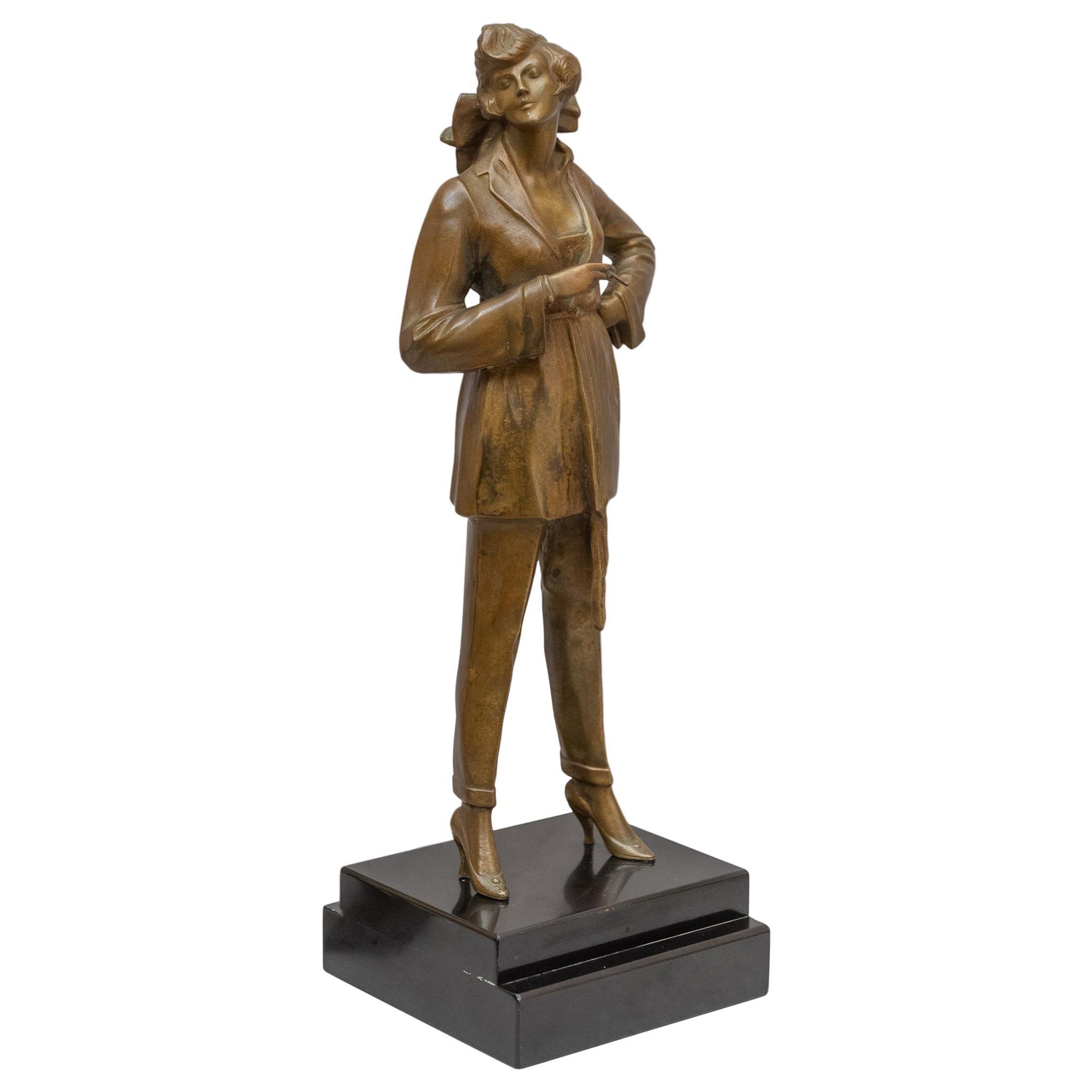 'Girl with Riding Crop, Easy Rider', Art Deco Bronze Sculpture by Bruno