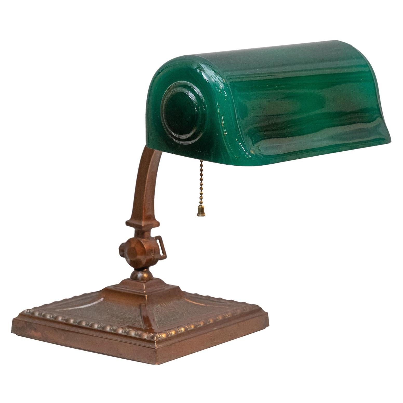 Antique Green Shade Banker's Lamp, Signed Verdelite