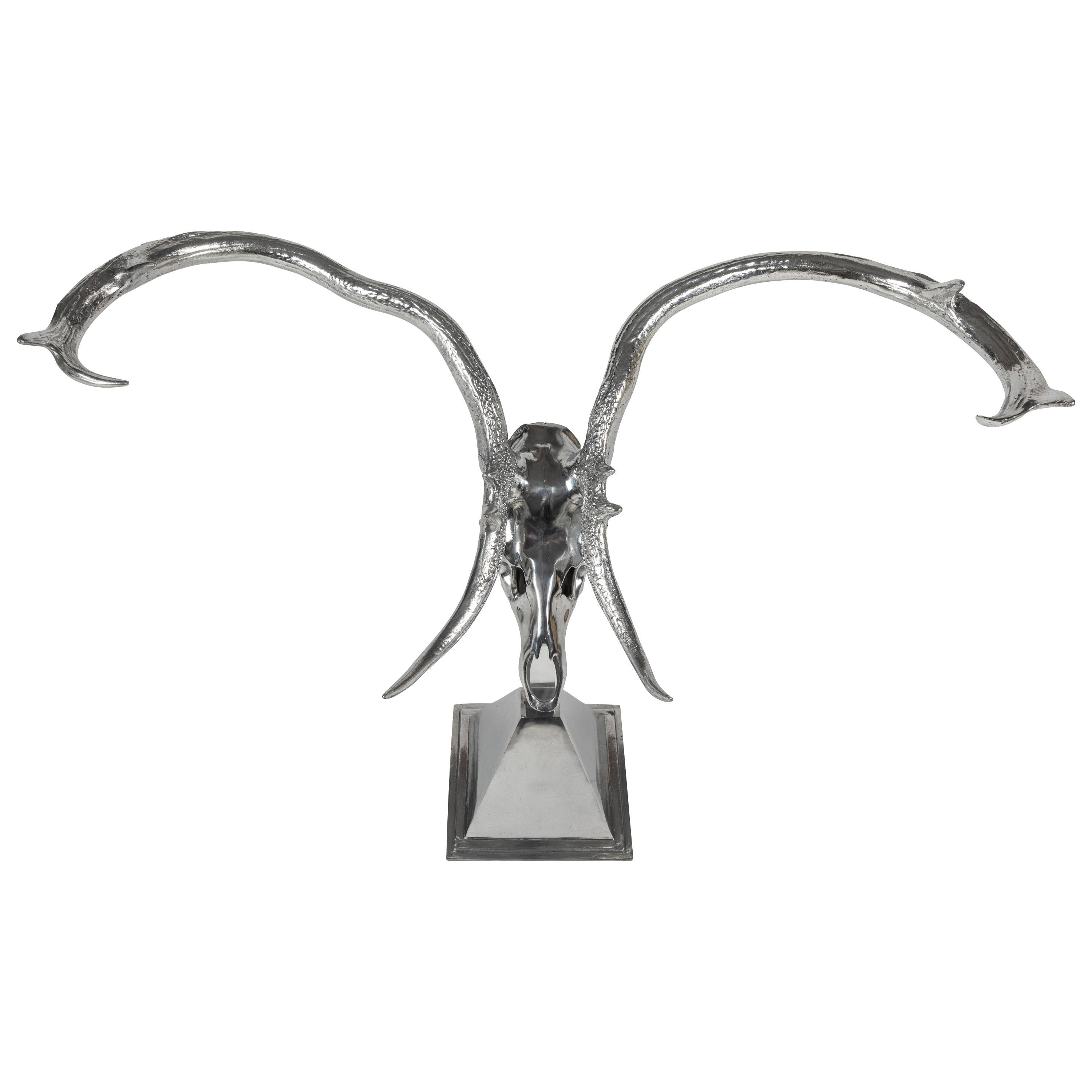 Polished Aluminum Chital Deer Skull on Base by Arthur Court